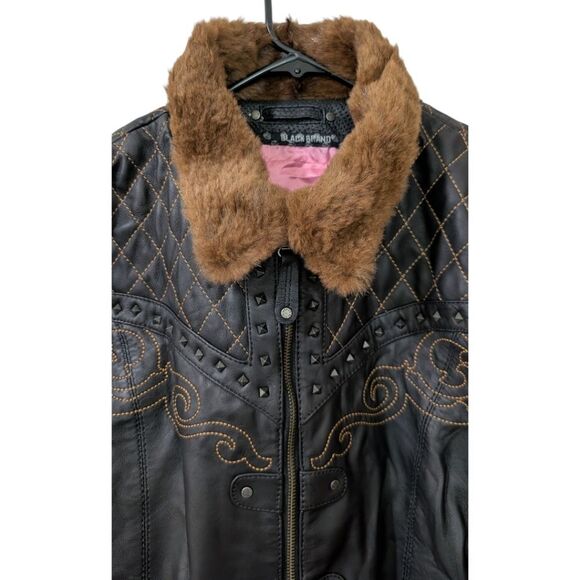 Black Brand Women's XL Sheared Beaver Sheep Leather Studded Jacket Fux Fur Trim - Picture 5 of 14